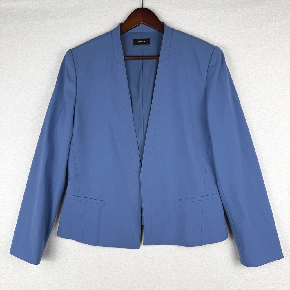Theory Blazer Womens 10 Blue Open Front Collarless Wool Blend Suit Jacket